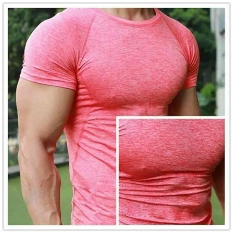 Men Quick Dry Fitness Tees Outdoor Sport Running Climbing Short Sleeves Tights Bodybuilding Tops Gym Train Compression T-shirts 210706