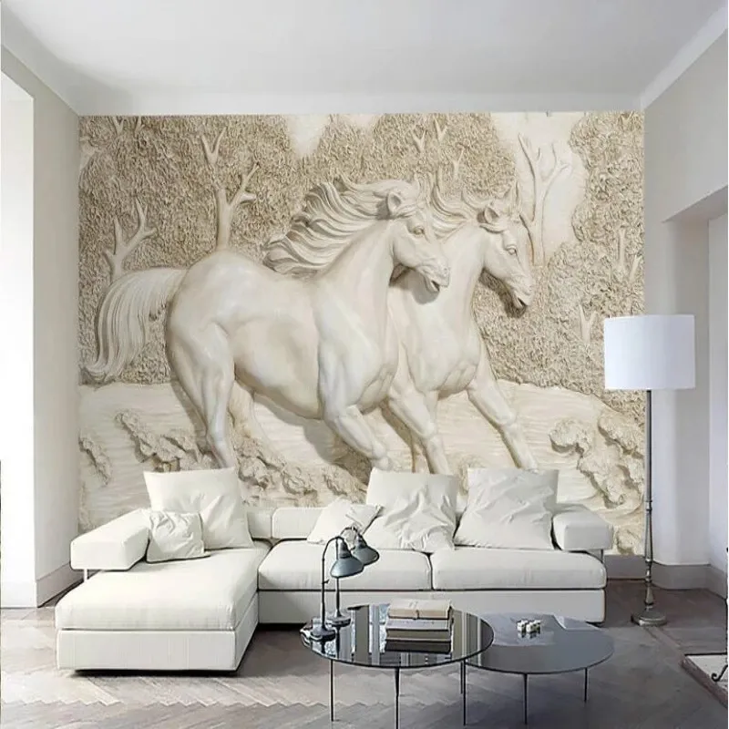 Custom Home 3d Stereo Relief White Horse Wallpaper Murken Modern Modern Wallpaper for Living Room