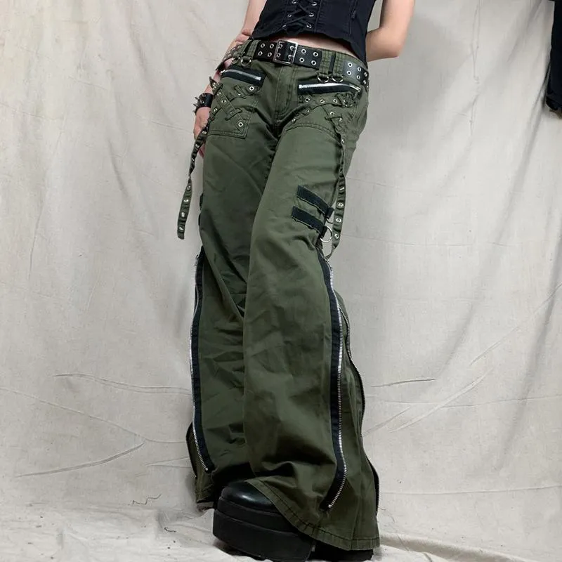 Damesjeans Y2k Grunge Groene Rits Bandage Lage taille Cargobroek Gothic Punk Baggy Retro Kawaii Broek Dames Joggingbroek groothandel merk