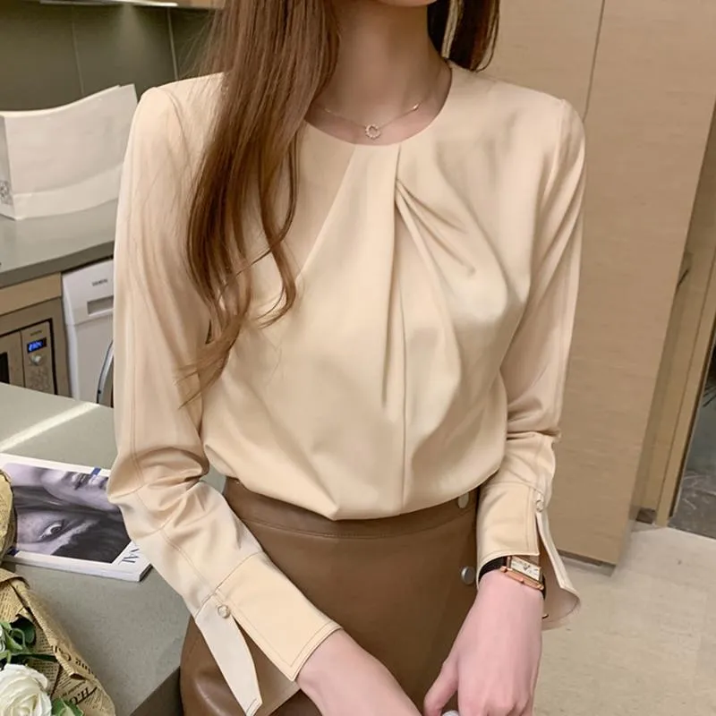 Dames Blouses Shirts Champagne Chiffon Blouse Dames Lange Mouw Ronde hals Kleding Voor Mode Elegante Tops Shirt Solid Office