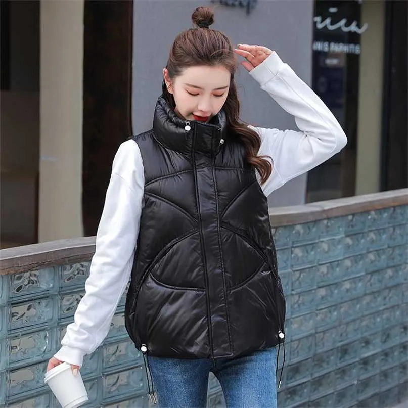 Shinny Winter Puffer Vest Women Solid Turn Down Collar Zipper Quilted Ladies Giacca senza maniche Gilet stile coreano allentato 211120