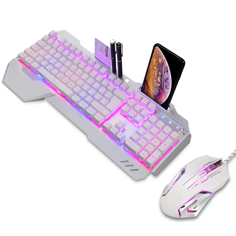 Clavier et souris lumineux Combos claviers de jeu rétroéclairés filaires USB pour ordinateur de bureau RGB panneau métallique optique Gamers avec repose-poignet support de téléphone