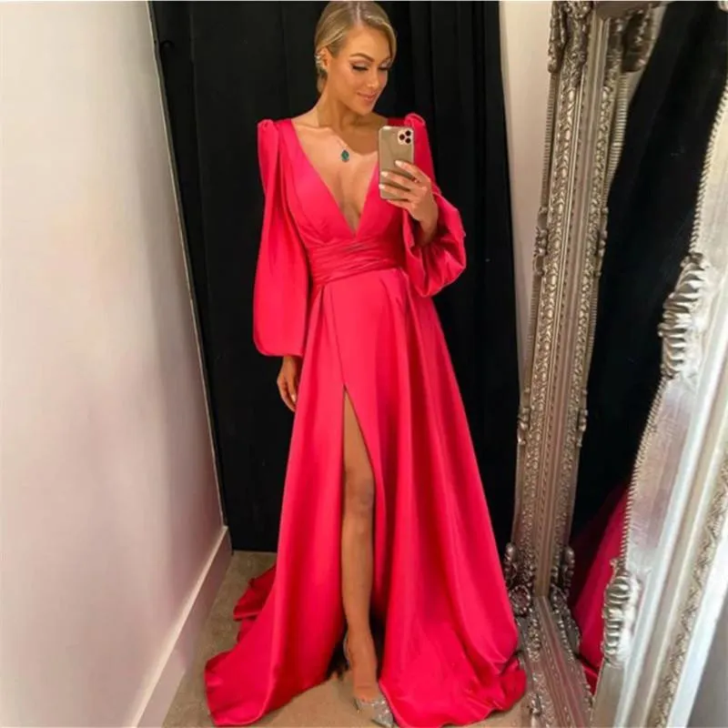 Formal Party Evening Dresses Deep V Neck Long Sleeves Sexy Cocktail Prom Gowns Side Split Satin A Line Robe De Soiree