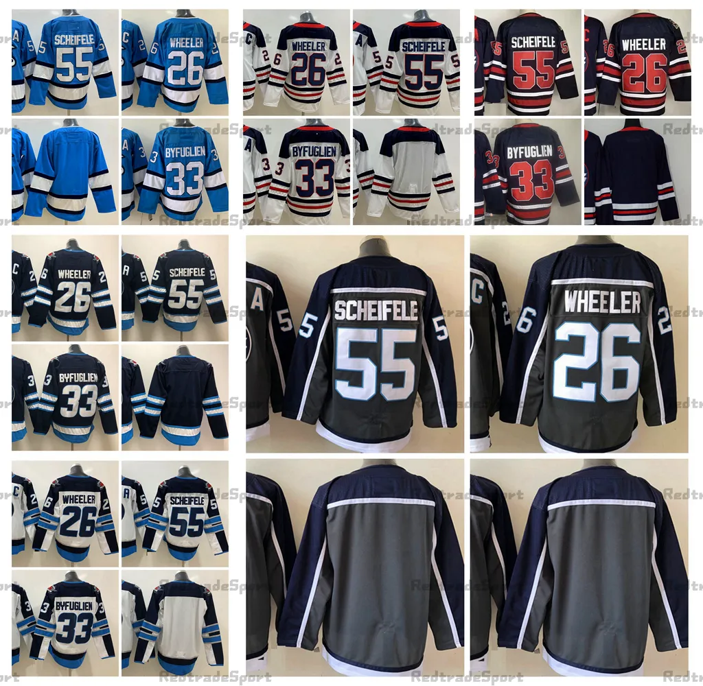 MI08 2021 Ters Retro Gri Hokey Formaları 55 Mark Scheifele 26 Blake Wheeler (C) 33 Dustin Byfuglien Mirası Klasik Beyaz Dikişli Formalar Açık Mavi S-XXXL