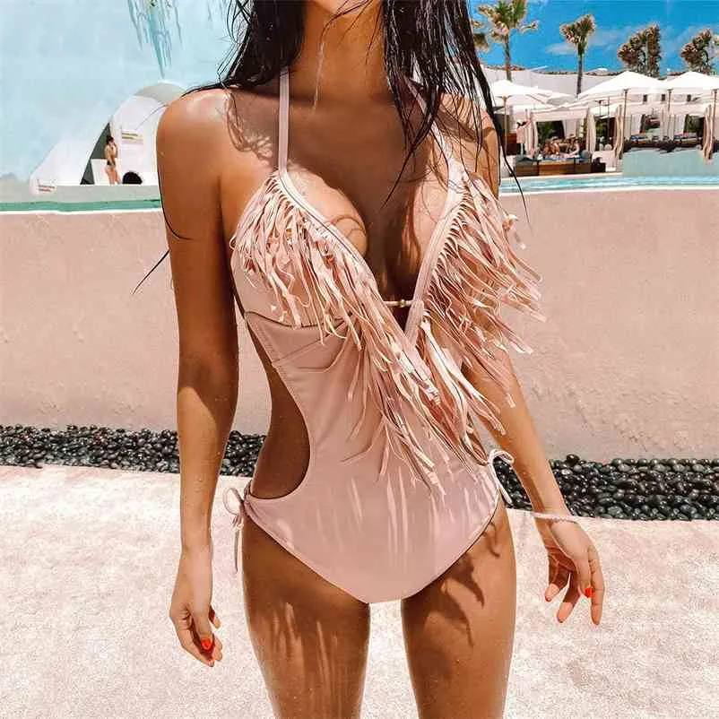 Deep Plunge V Neck Fringe Cut Out Swimsuit Trikini Women Sexy Halter Backless Tassel Swimwear Bath Suit Monokini 210324