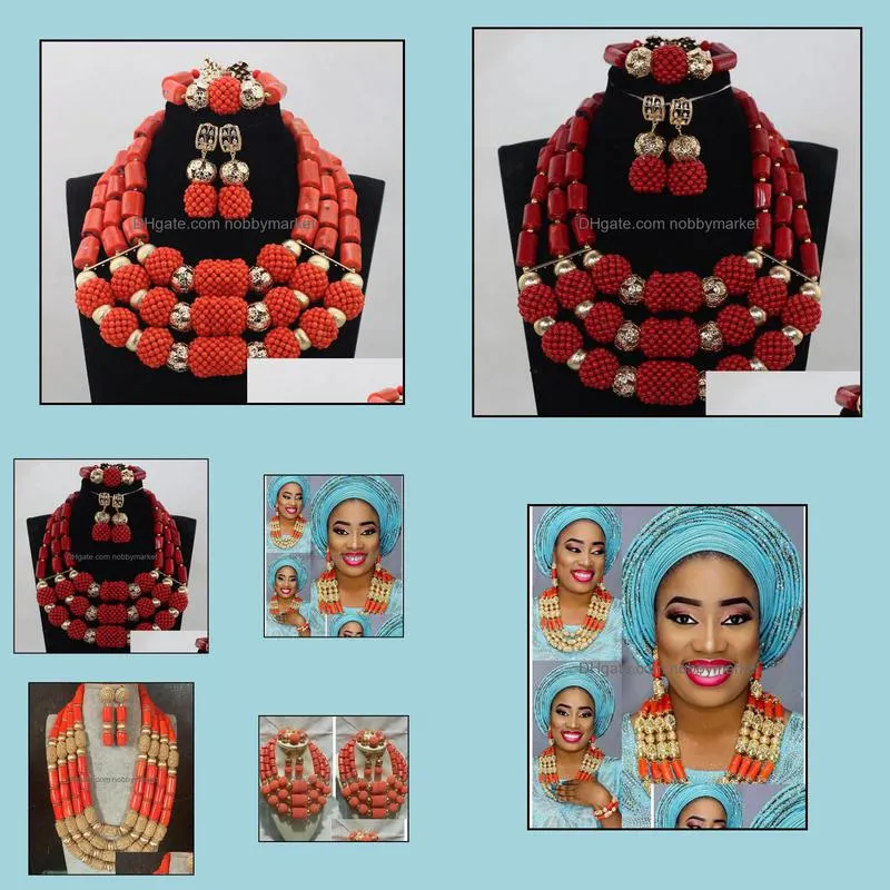 Original Coral Beads Nigerian Wedding African Jewelry Sets Bold Statement Necklace Set Chunky Free Shipping CNR693 C18122701