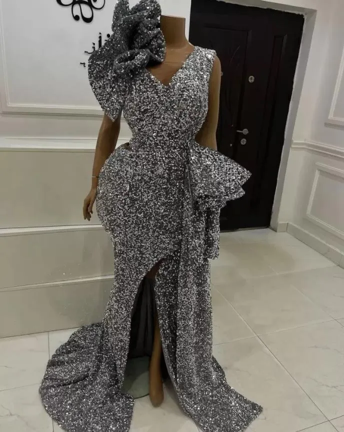 Robe de Soirée Femme Plus Size Avondjurken voor Dames Silver Party Sequin Aso Ebi Split Mermaid Prom Reception Jurken Sweep Trein