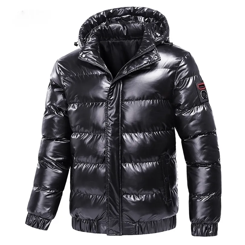 Automne Hommes Manteau Coupe-Vent Mode Homme Coton Chaud Parka Brillant Vers Le Bas Capuche Casual Survêtement Thermique Noir Bomber Vestes Hommes 211214