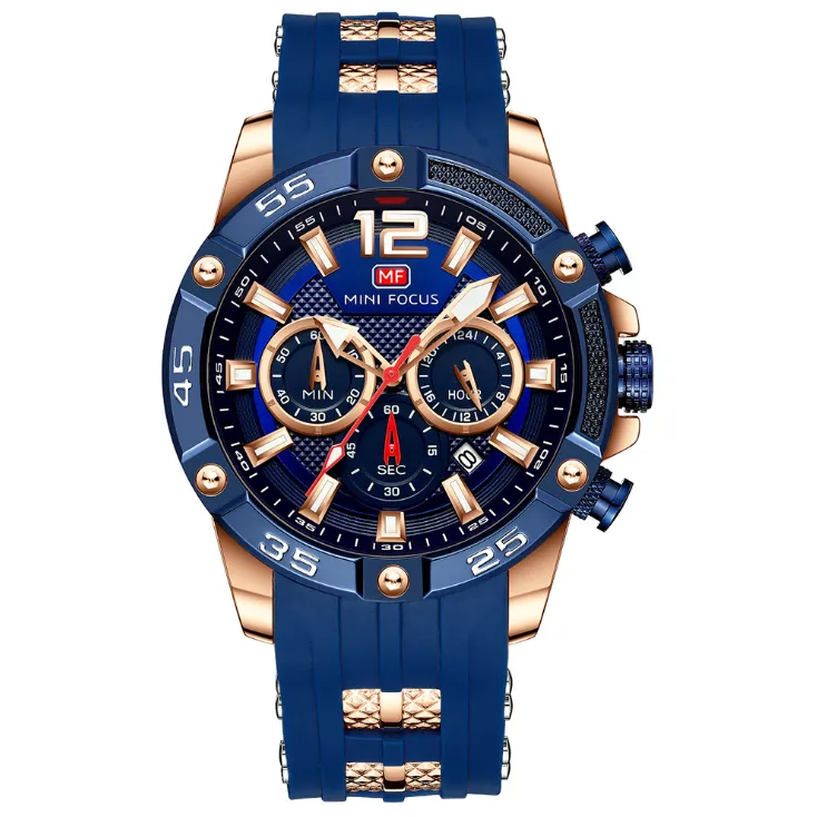 Mini Focus 0349g متعدد الوظائف Dial Quartz Quartz Mens الساعات غير الرسمية ساعة معصم الفرقة السيليكون مع Subdials339U