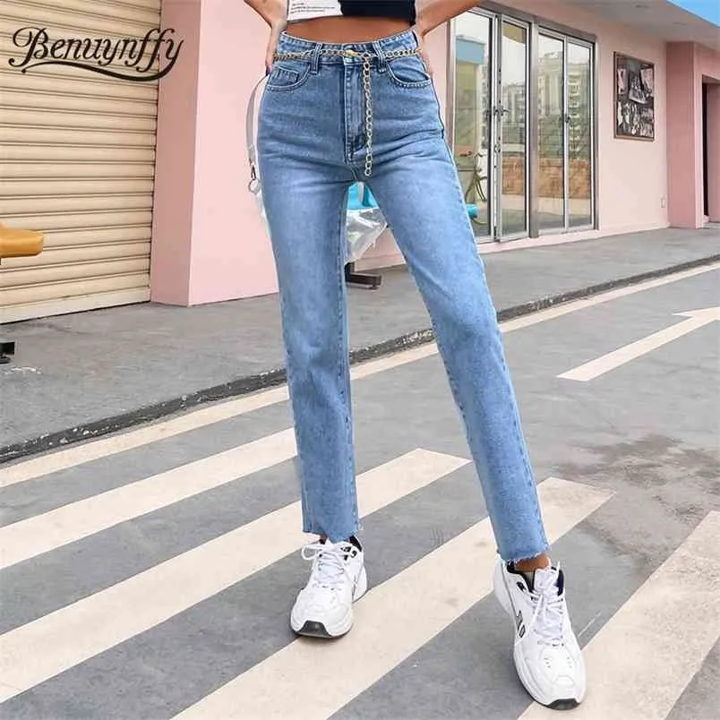 Zipper Fly Solid High Taille Jeans Spring Summer Femmes Mode Raw Hem Streetwear Denim Pantalon avec ceinture de chaîne 210510
