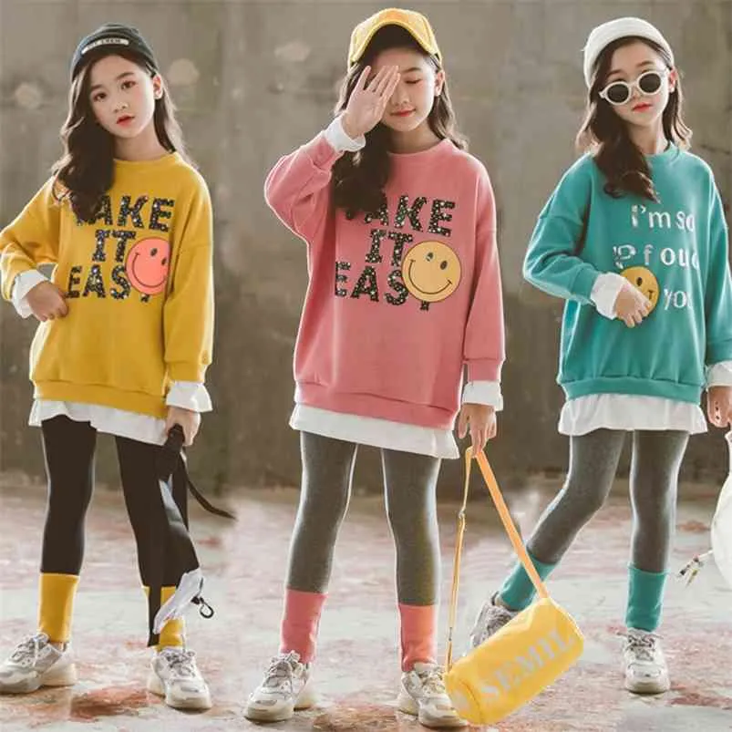 Girls Fall Outfits Fashion Children Clothes Set Spring Cotton Pullover Sweatshirts + Leggings 3 Colors for 210622