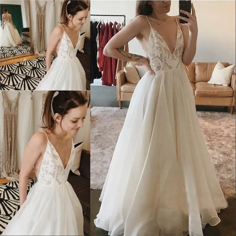 2021 Summer Beach Suknie ślubne Bride Suknia Spaghetti Paski Koronki Backless Długość podłogi Tulle Plus Size Vestido de Novia Custom Made