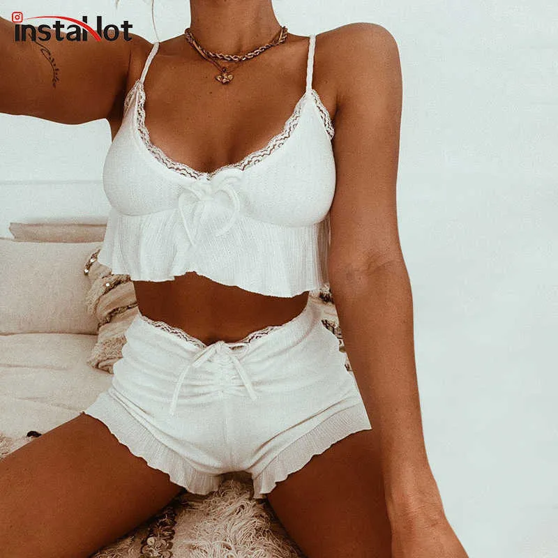 InstaHot Women Two Piece Short Set Lace Patchwork Summer 2021 Fashion Frill Sexy Vintage Streetwear Ruffle Hem Outfit Female Set Y0702