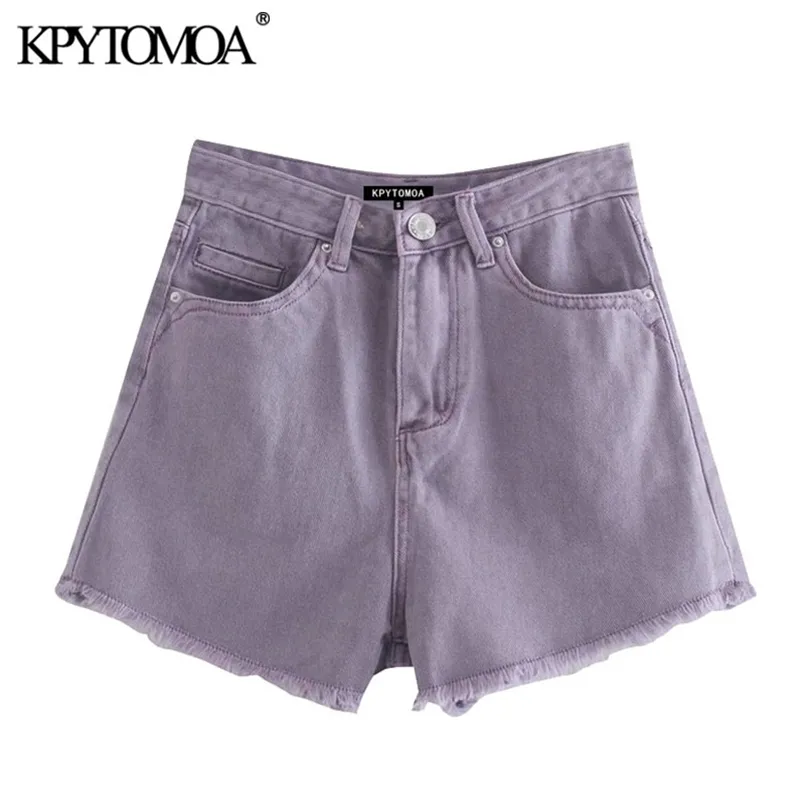 Kpytomoaの女性シックなファッションポケット擦り切れ裾リッピングデニムショーツビンテージハイウエストジッパーフライ女性ショートジーンズMujer 210809