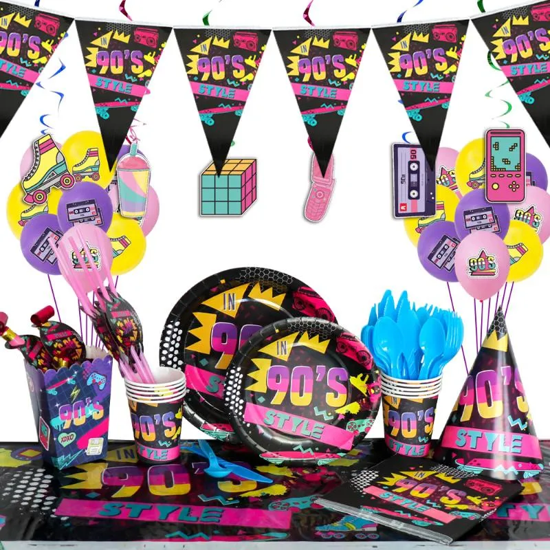 Einweg-Geschirr, 90er-Jahre-Stil, Thema, Geburtstagsparty-Dekoration, Babyparty-Dekoration, Tassen, Teller, Strohserviettenzubehör
