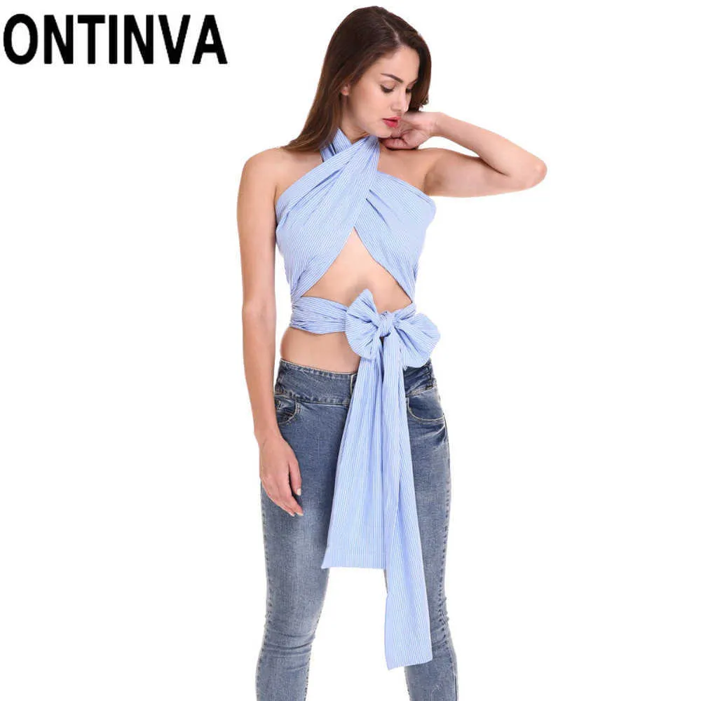 Clearance Women Off The Shoulder Scarf Crop Tops with Bow Tie Blue Stripe Clothing Blouse S M L XL XXL Blusas Shirts 210527