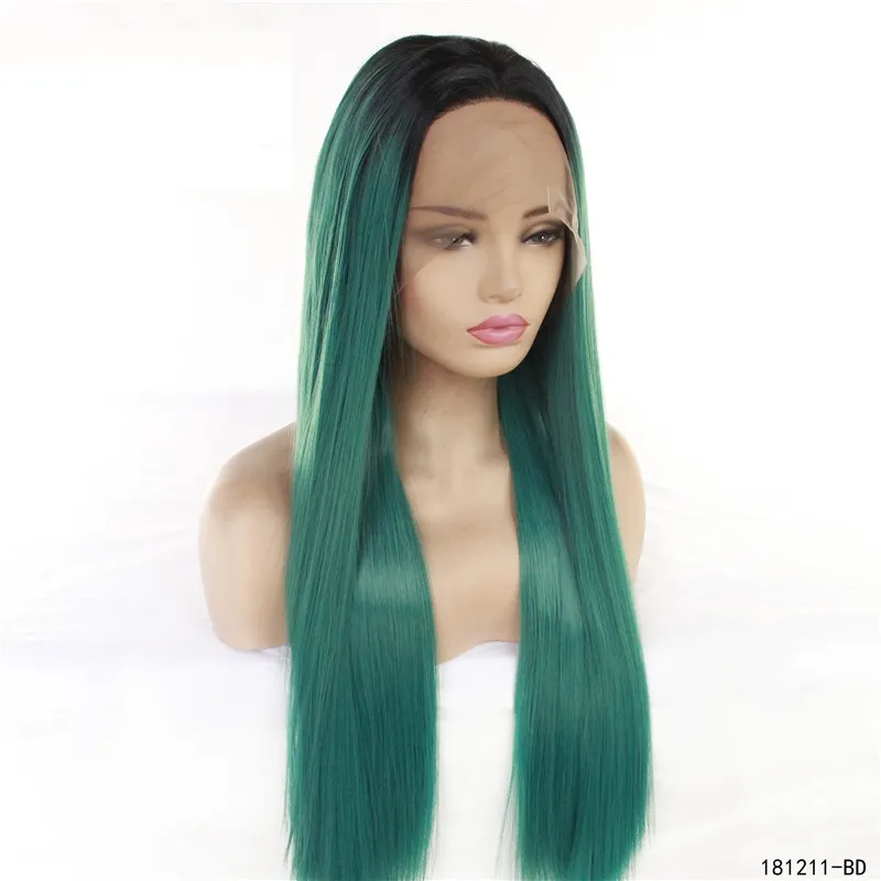 12~26 inches Synthetic Lace Front Wigs Silky Straight Green Ombre Color Simulation Human Hair Wig 181211-BD Pelucas