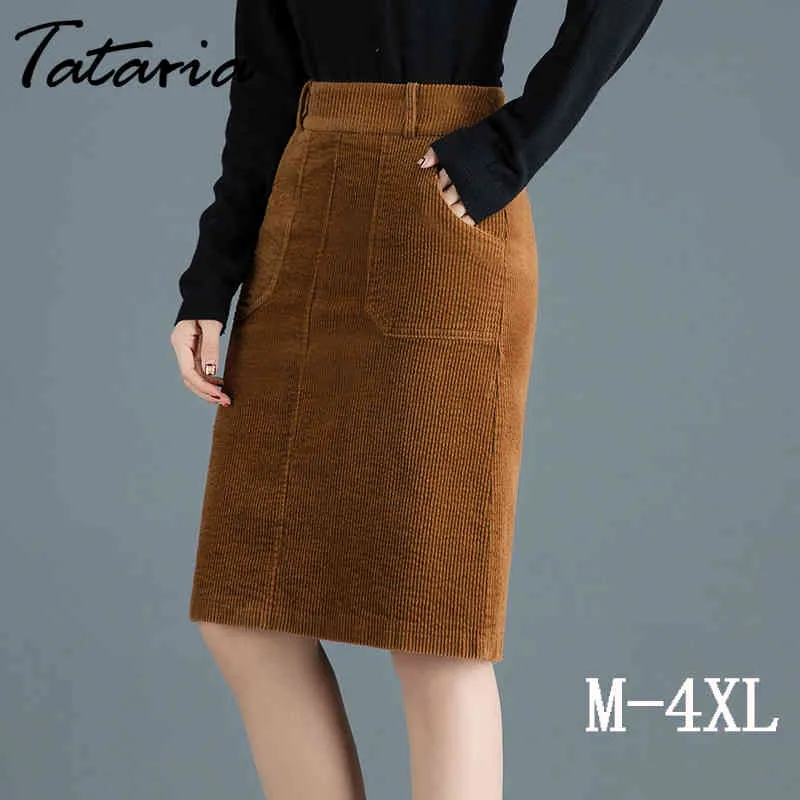 Tataria Frauen Cord Herbst Rock Hohe Taille Reißverschluss Büro Röcke Winter Weibliche Knielangen Gerade Plus Größe 210514