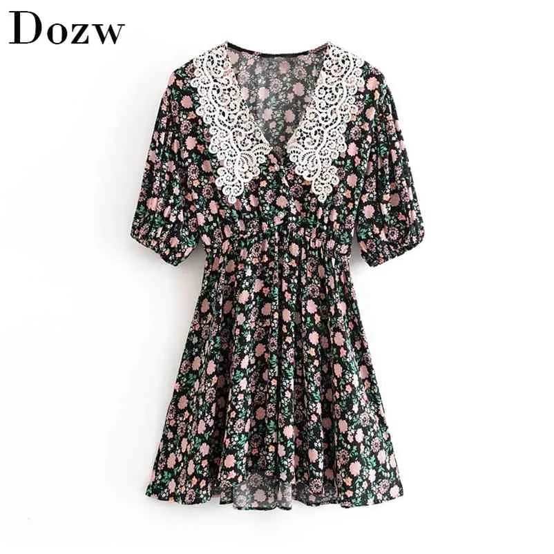 Kvinnor vintage blommigryck mini klänningar sommar spets patchwork krage elegant avslappnad kortärmad en linje parti 210515
