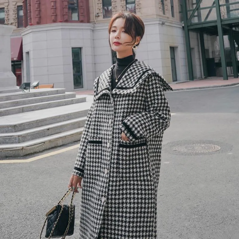 Elegant Lattice Houndstooth Woolen Coat Women's Mid-Length Autumn Winter Korean Casual Outwears 210510