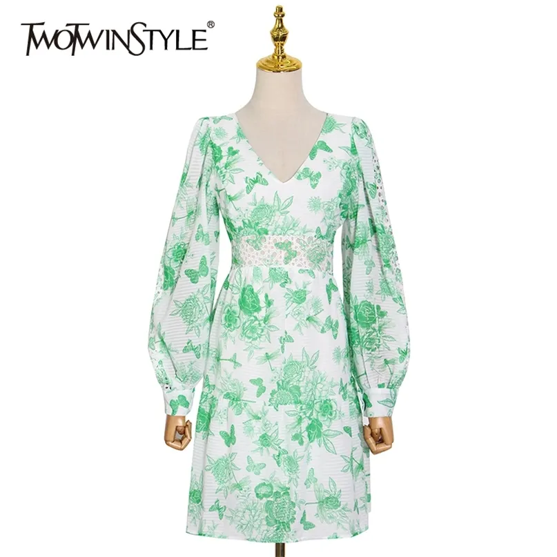 Imprimir elegante mini vestido para las mujeres con cuello en V linterna manga larga cintura alta verde ropa de moda femenina 210520