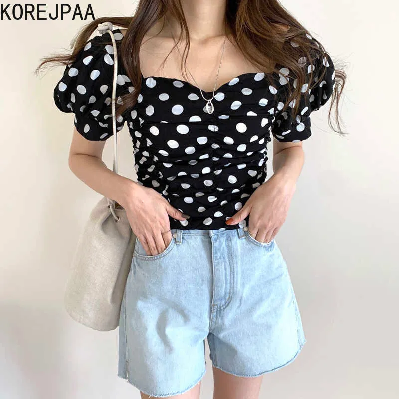 Korejpaa Women Set Summer Korea Chic Square Neck Pleated Polka Dot Puff Sleeve Shirt High Waist Straight Blue Denim Pants 210526