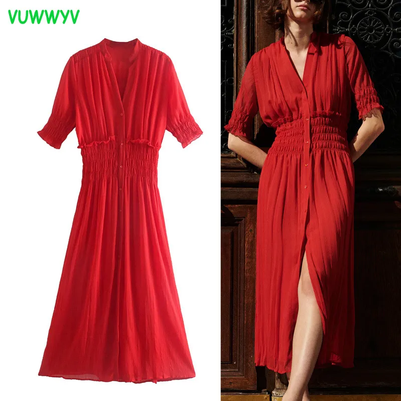 VUWWYV Elbiseler Yaz Kadın Kırmızı Şifon Dantelli Uzun Elbise Kadın Moda Kısa Kollu Parti Vestido Elastik Bel Düğmeleri 210430