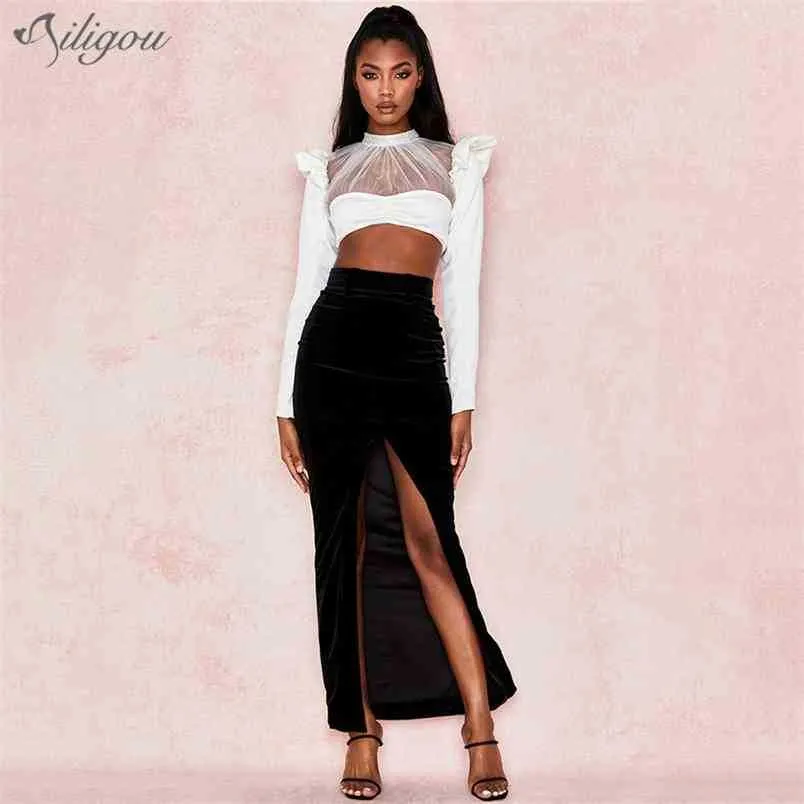 Women's Sexy 2 Piece Two-Piece White Long Sleeve O-Neck Mesh Beaded Top & Black Velvet Split Skirt Party Set 210525