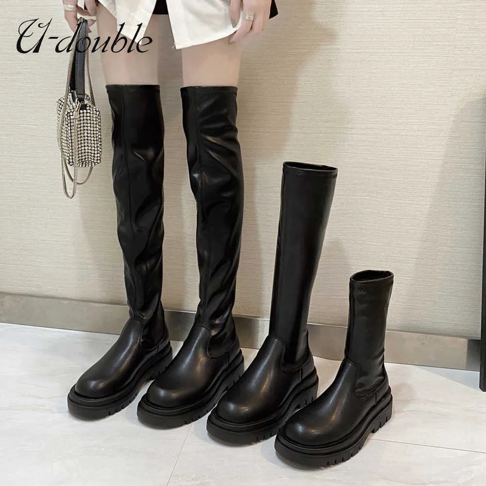 U-Double Merk Warm Dames Schoenen Mode Zwart Over The Knee Boots Dames Tight High Platform Dij Boots Winter Enkellaarzen Long Y0914