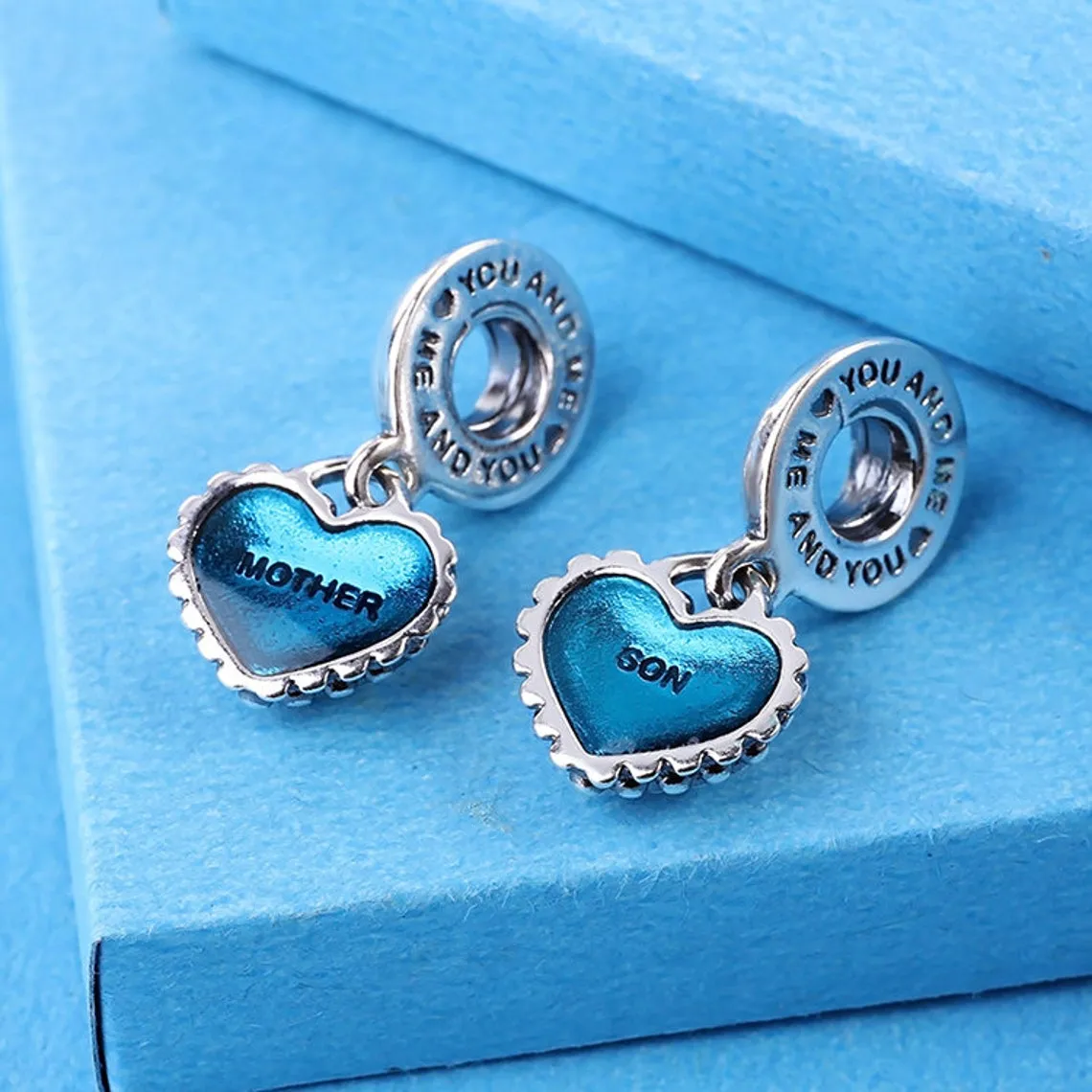 Pièce en argent sterling 925 massif de mon coeur mère fils pendentif perle avec émail bleu s'adapte au bracelet à breloques de style européen Pandora