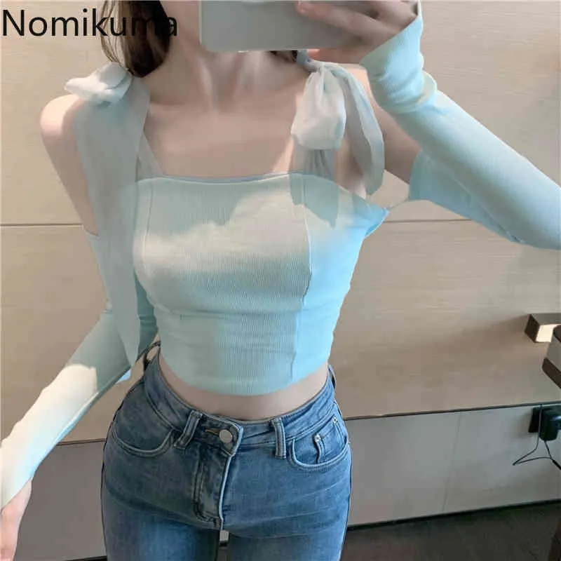 Nomikuma Chic Summer T Shirt Women Gauze Ribbon Lace Up Slim Fit Crop Tops Korean Style Off Shoulder Tshirts Camisetas 210514
