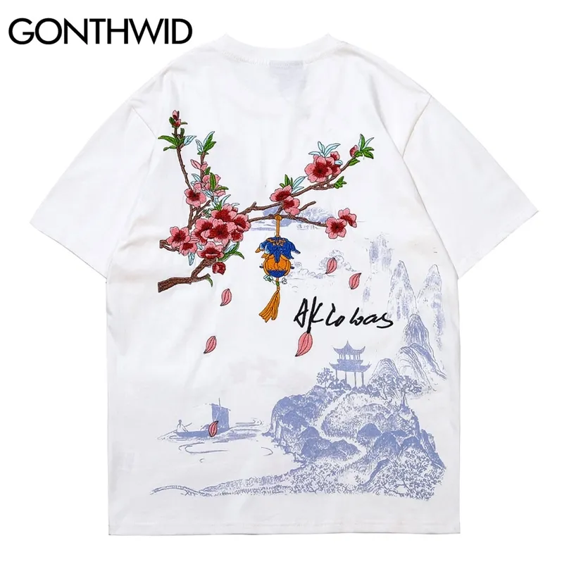Harajuku T-Shirts Embroidery Cherry Blossoms Tower Mountain Print Tshirts Hip Hop Summer Streetwear Short Sleeve Tops 210602