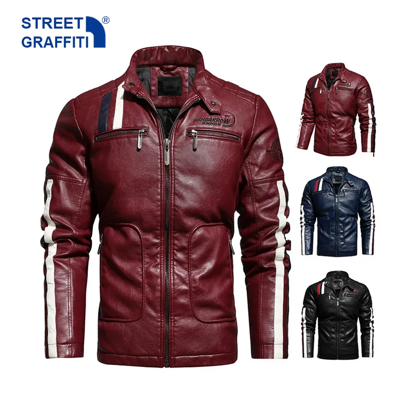 Mens Motorcycle Jacket 2021 Autumn Winter Men Faux PU Leather Jackets Casual Embroidery Biker Coat Zipper Fleece Male Jacket 220211