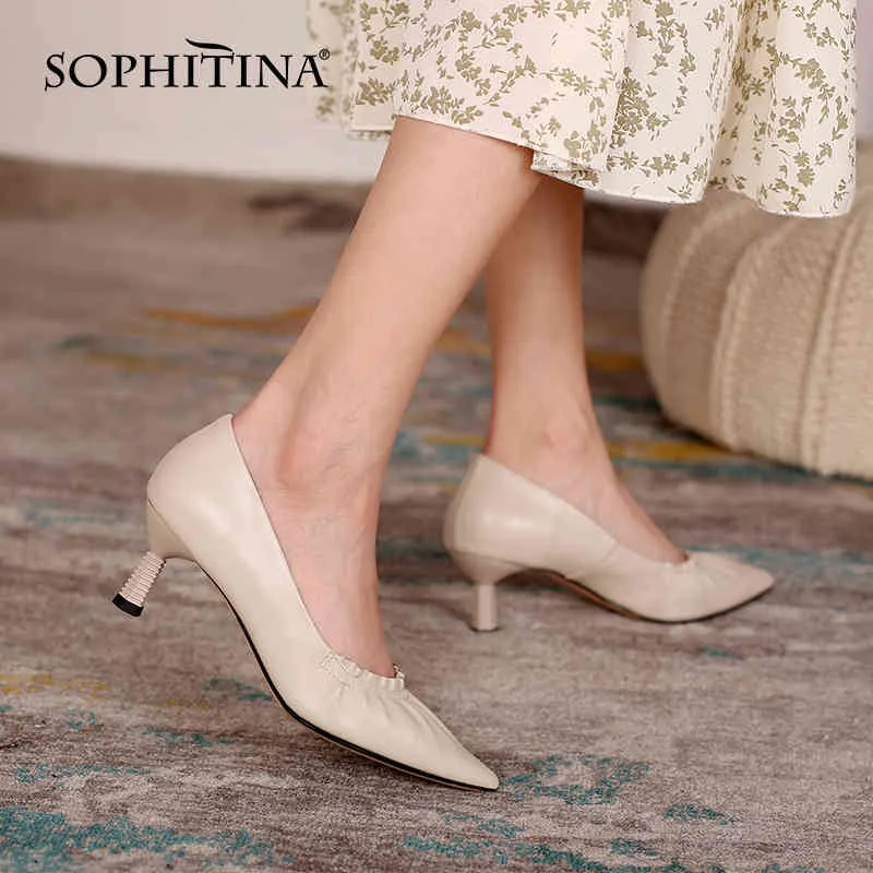 Sophitina أحذية نسائية ناضجة وأشار اصبع القدم تكدرت مطوي الأحذية اليومية الربيع اليدوية الضحلة الفم منتصف كعب سيدة مضخات AO365 210513