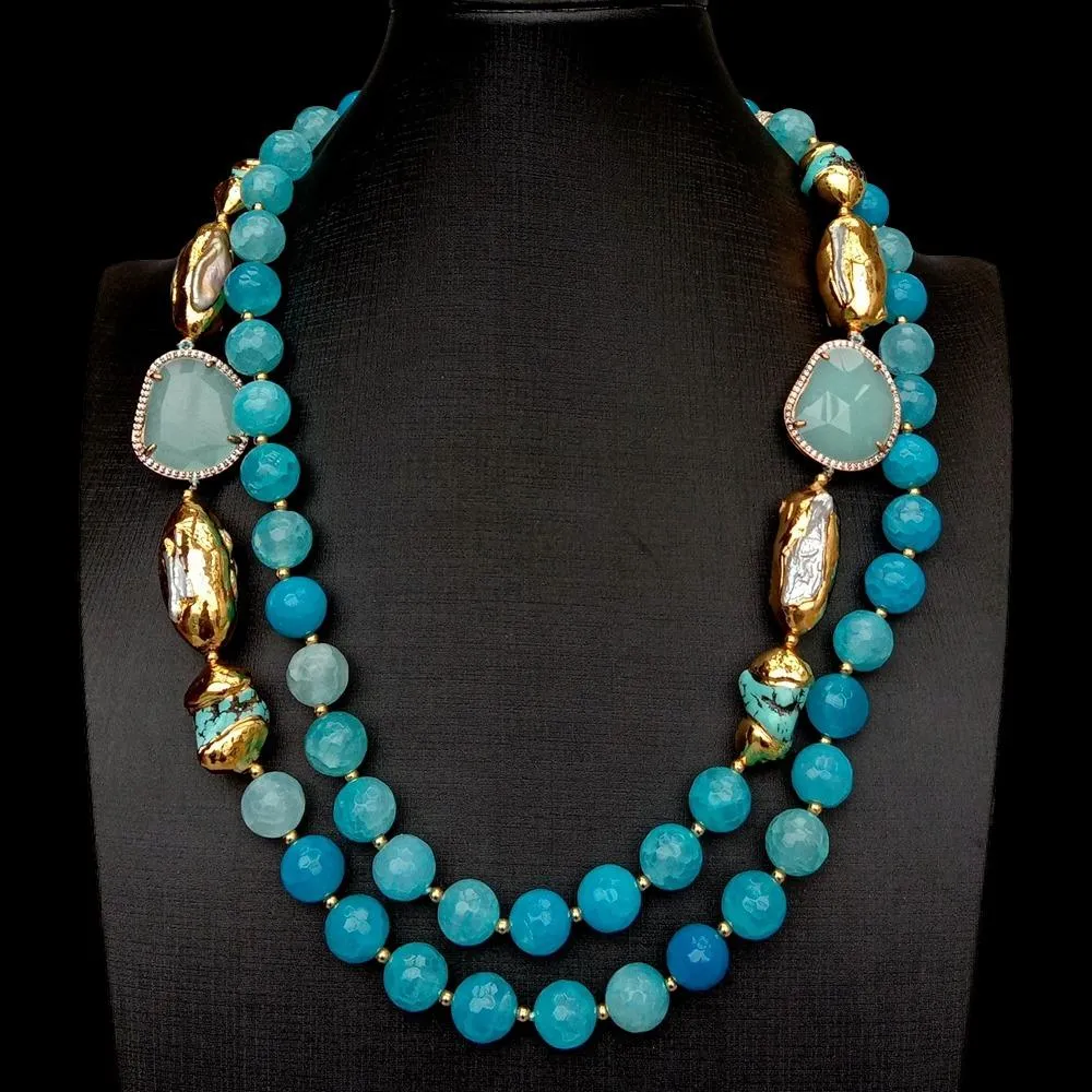 Yygem 2 ряды синий граненый агуат бирюзовый культивированный белый Biwa жемчужное кристалл ожерелье мода женские украшения