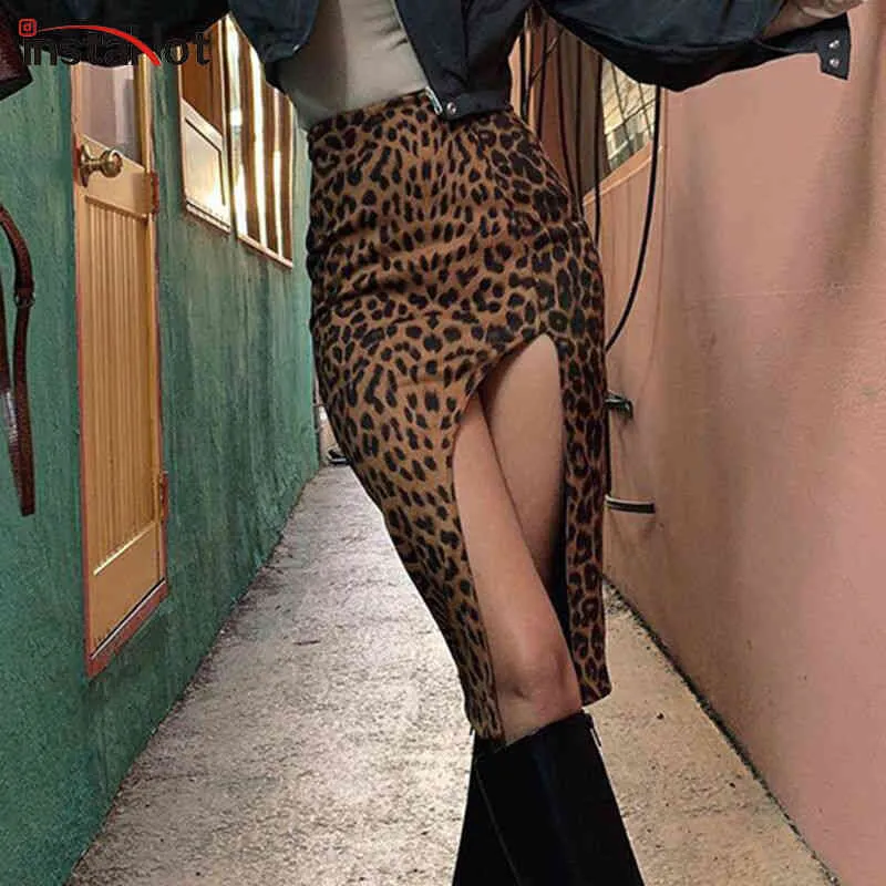 InstaHot, falda Sexy de leopardo para mujer, ropa informal con abertura lateral de cintura alta, moda de otoño 2020, faldas informales ajustadas Vintage con estampado de animales X0428