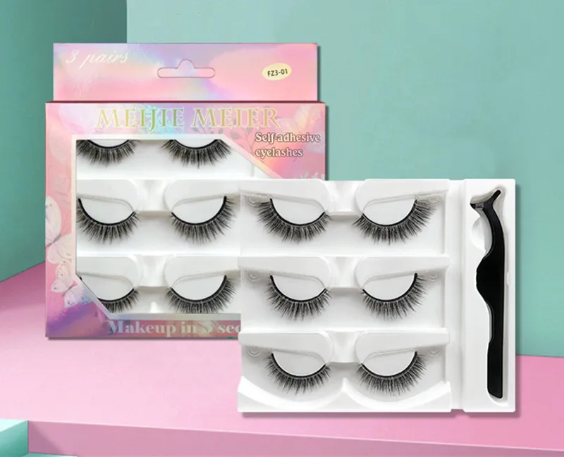 3D Mink Self-adhesive 3Pairs/set Natural False Eyelashes Soft Light Eyelashes With Tweezer Makeup Kit No Glue Needed