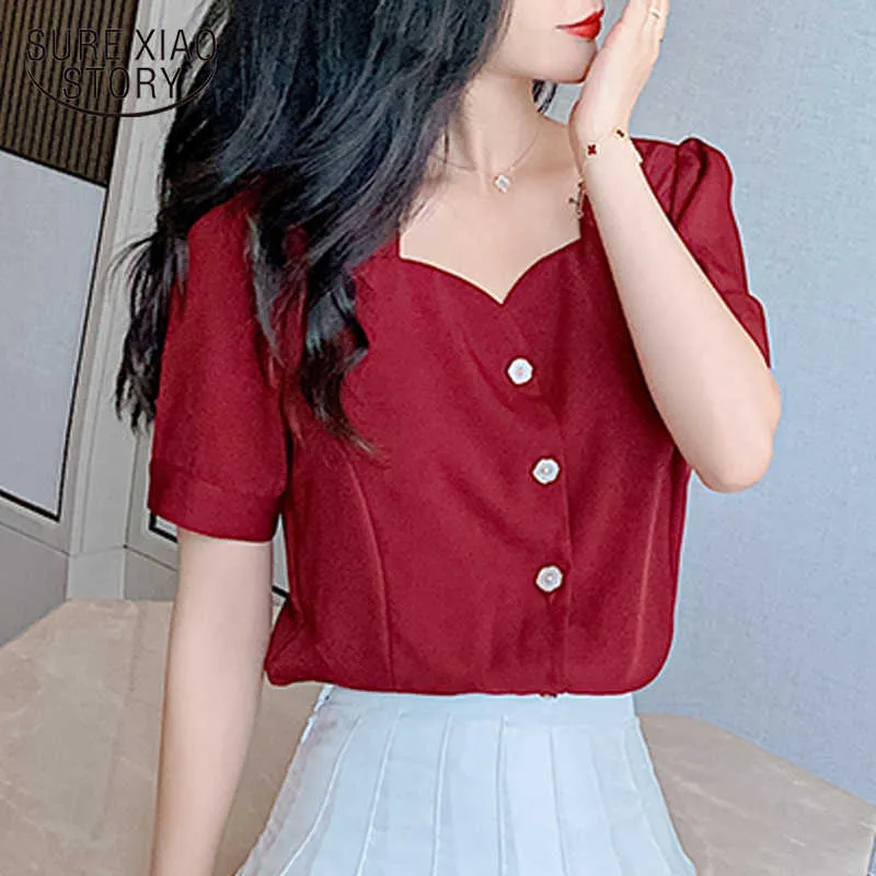 Summer Woman's Shirts Short Sleeve Square Collar Chiffon Blouse Wine Red Sweet Korean Cardigan All-match Top Female 10052 210528