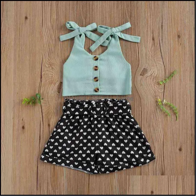 1-6years Toddler 2pcs Fashion Clothing Set Toddler Baby Girl Sleevless V-neck Solid Vest Top Heart Printed Shorts