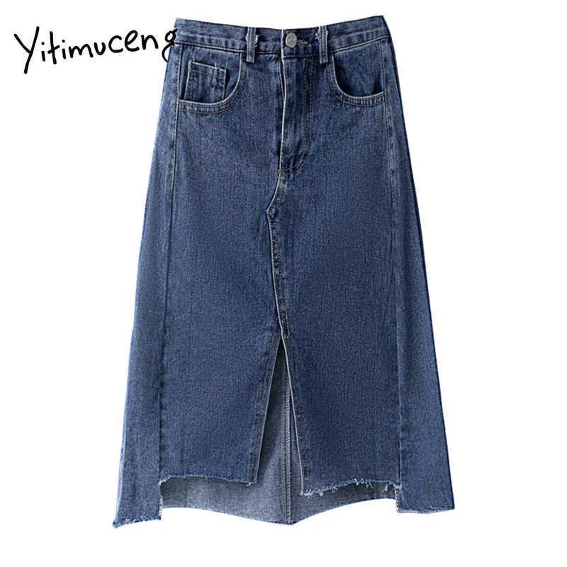 Yitimuceng Split Fork Rok Dames Zakken Button A-Lijn Hoge Taille Mid-Calf Solid Lente Zomer Koreaanse Mode Rokken 210601