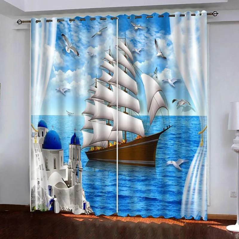 Rideaux rideaux 3D paysage extérieur de la fenêtre mer voile bateau fenêtres rideaux pour salon chambre décoratif cuisine personnalisé