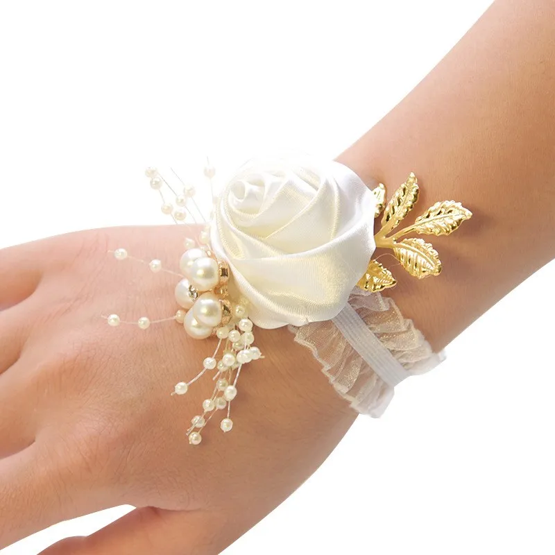 Corsage de poignet de mariée en soie, fleur de Rose, Bracelet en ruban pour fête de mariage, fleurs à main de demoiselle d'honneur, accessoire de mariage