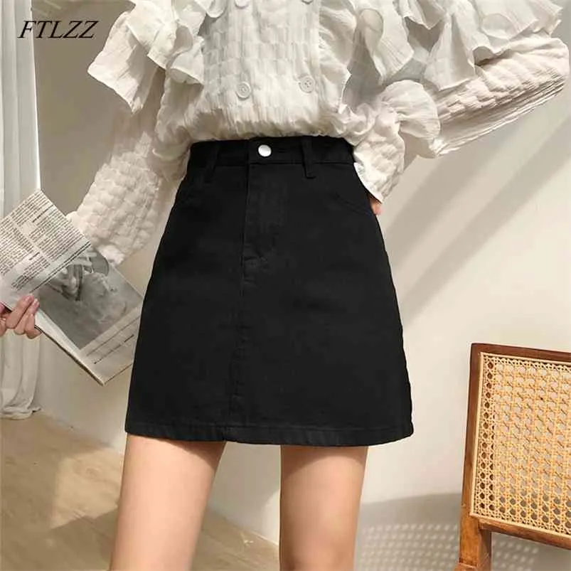 Summer Casual A-line Denim Skirt Women Solid Pocket High Waist Mini Package Hip Pink Black 210430