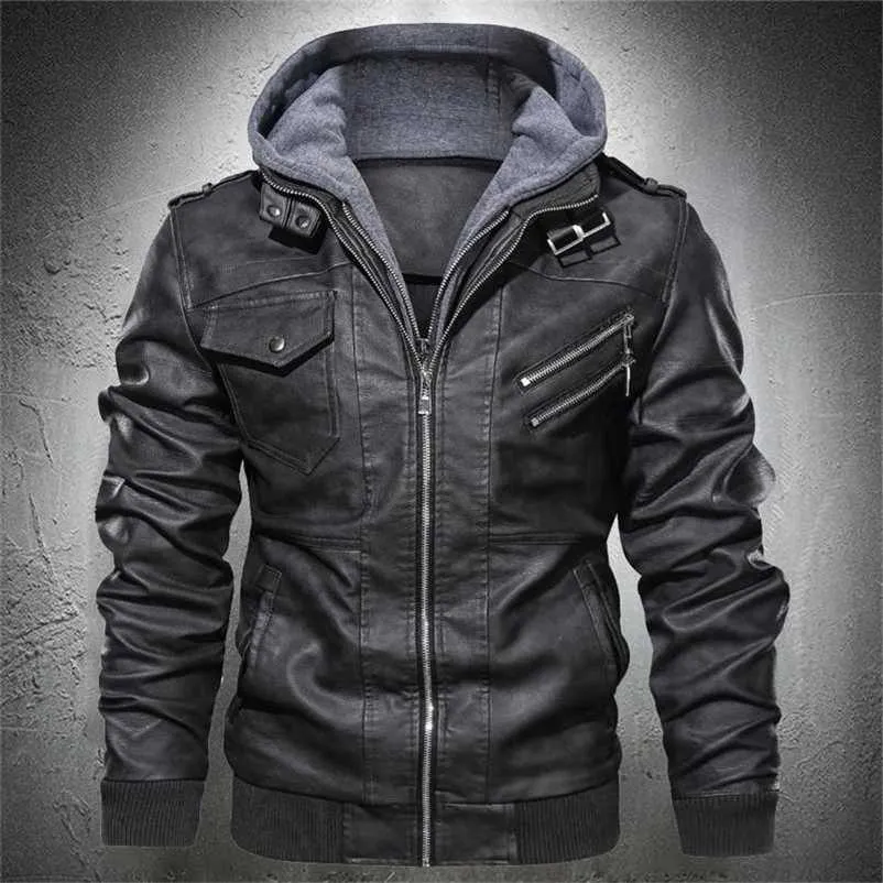 Giacca da uomo in pelle autunnale Giacca da motociclista con cappuccio Pu Giacca in ecopelle Moda stile punk Cappotto in pelle autunnale casual da uomo 211110