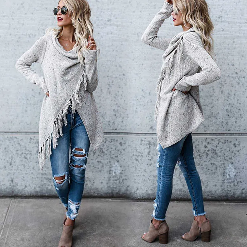 Vrouwen gebreide warme trui Winter Vesten Lange mouw Tassel Fringe Sjaal Poncho Oversized Cardigan X0721