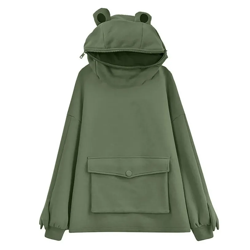 Unisex Frog Zipper Hoodie Fleece Lined Springtime Broderi Oversized Sweatshirt Harajuku Varm Pullover Koreansk stil dropship 211230