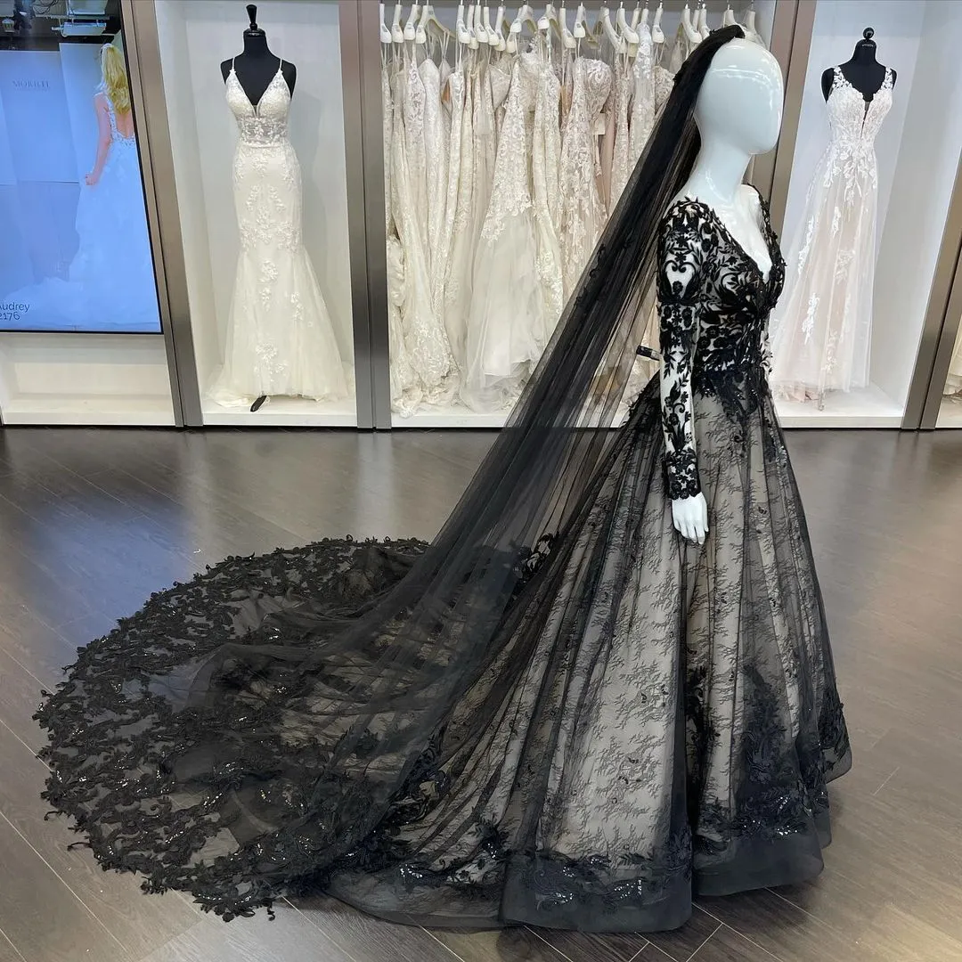 Gothic Bridal Wedding dress 2022 with Illusion Long Sleeves, 3D Floral Lace, V-Neck, and Chapel Train in Black - Free Veil Included Gothic Bridal Wedding dress 2022 with Illusion Long Sleeves, 3D Floral Lace, V-Neck, and Chapel Train in Black - Free Veil Included