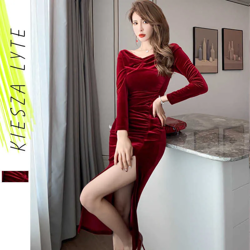 Vrouw sexy rood fluwelen jurk dame Paty club avond lange mouwen slanke split midi jurken lente vestidos 210608