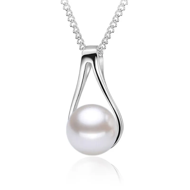 Colgante de las perlas de la boda de plata esterlina de 8 mm para las mujeres Collar de clavícula de perlas de agua dulce natural 18 pulgadas Regalo de aniversario