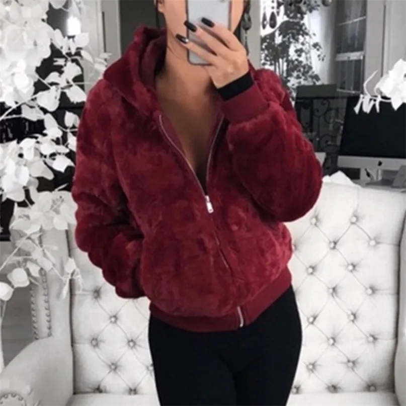 Faux Fur Women Coat With Hood High Waist Fashion Slim Black Red Pink Jacket Fake Rabbit Coats 211220